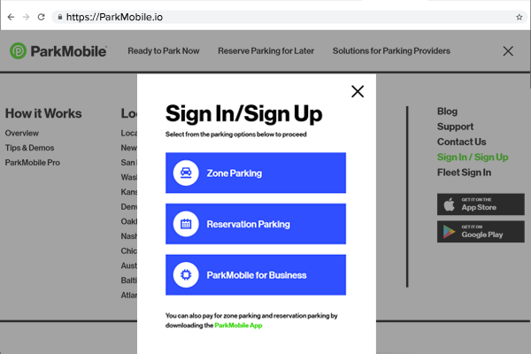 ParkMobile Sign In/Sign Up